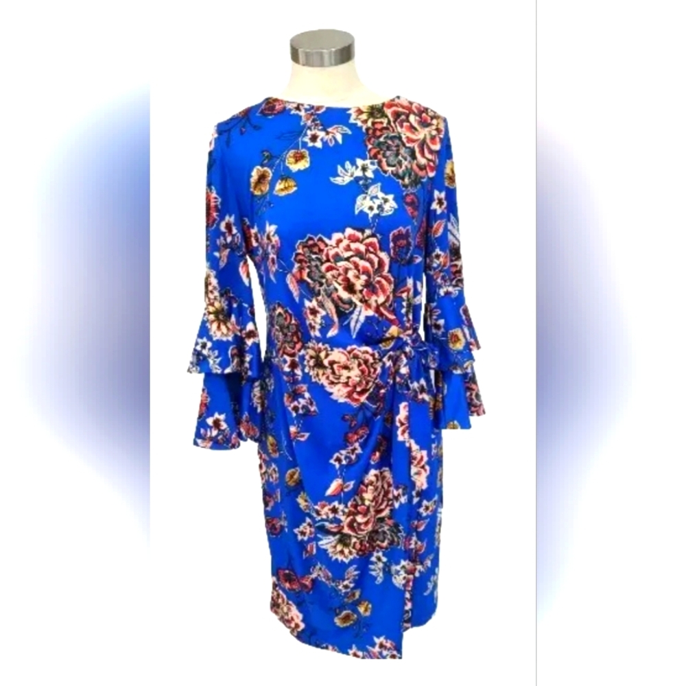 Shelby Palmer Blue red metallic gold floral knee length dress Belle sleeve sz 12